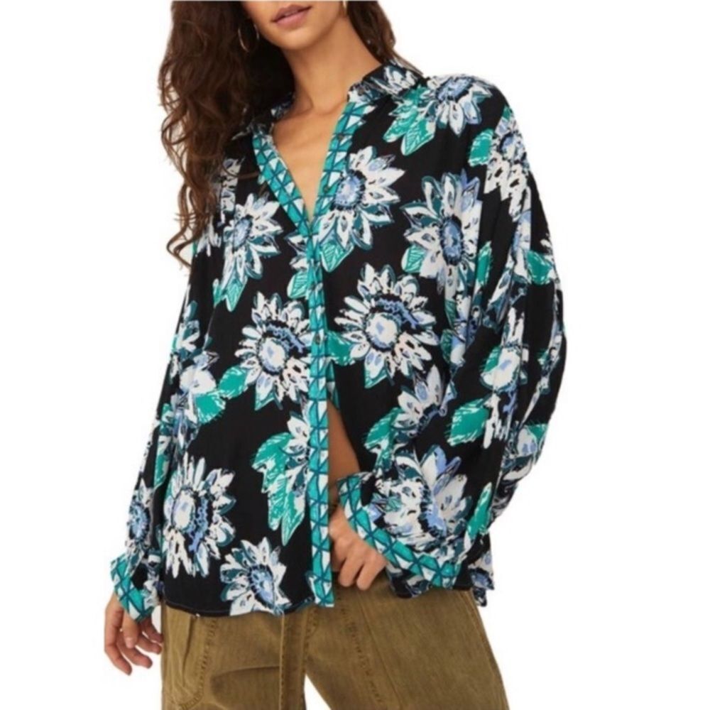 NWT Free People Good Vibration Blouse in Black Combo